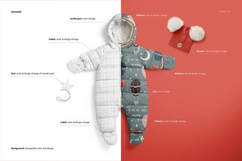 موکاپ لباس سرهمی زمستانی نوزاد | Baby Snowsuit Mockup Set (13/LFv.2)