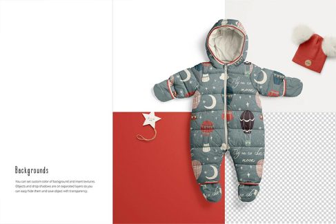 موکاپ لباس سرهمی زمستانی نوزاد | Baby Snowsuit Mockup Set (13/LFv.2)